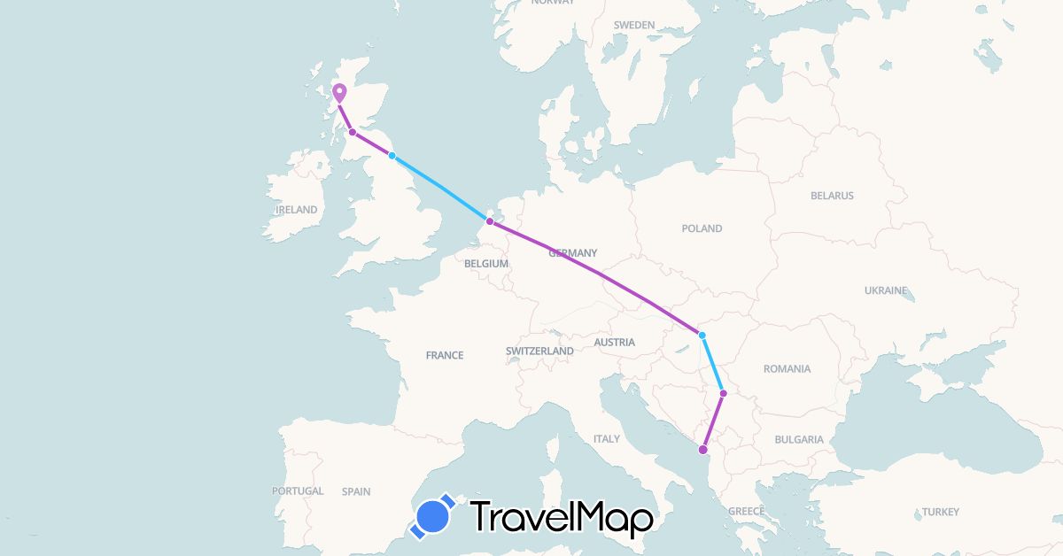 TravelMap itinerary: train, boat in United Kingdom, Hungary, Montenegro, Netherlands, Serbia (Europe)